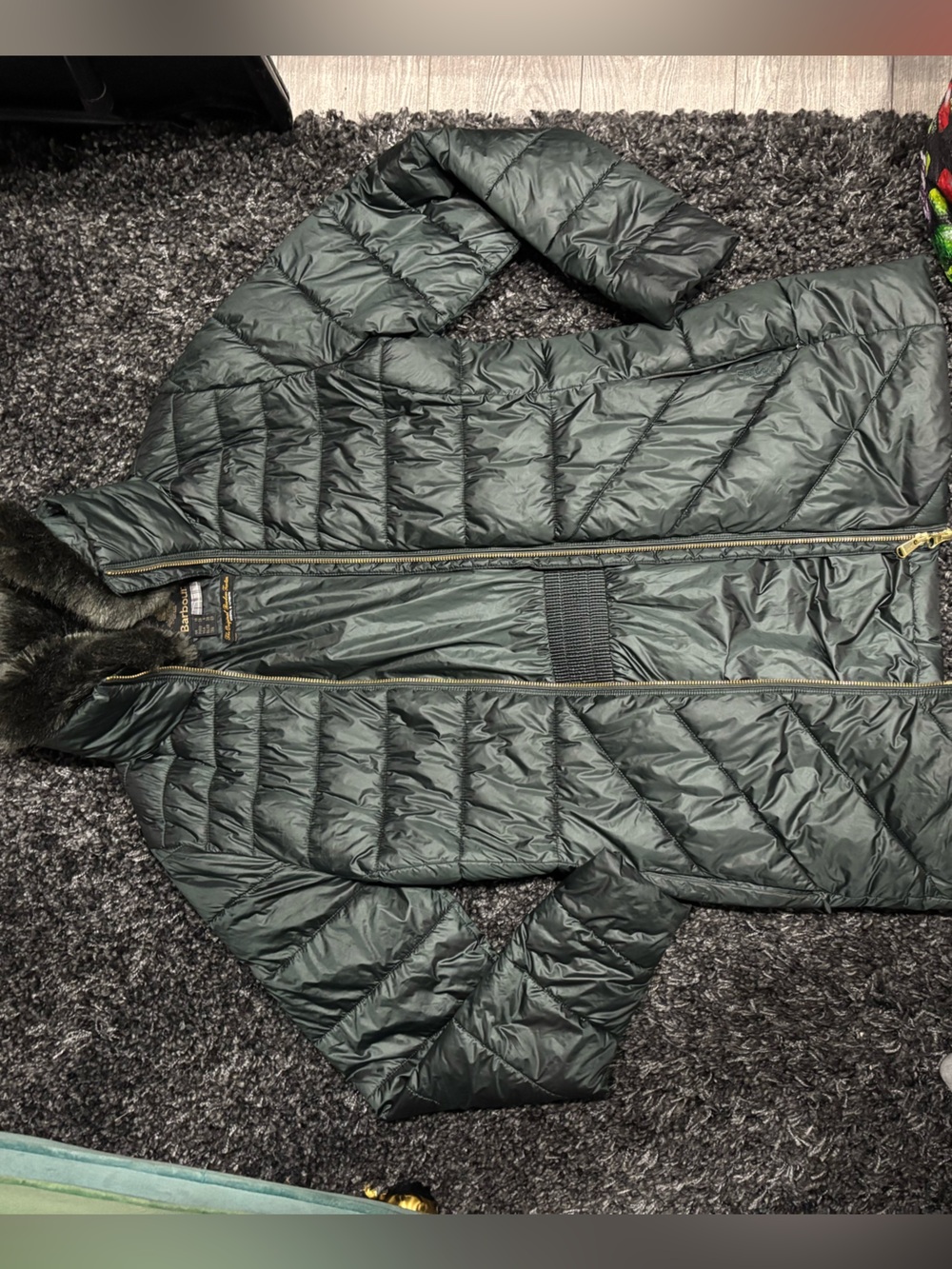 Barbour Dark Green Quilted Puffer Jacket with Faux Fur Trim